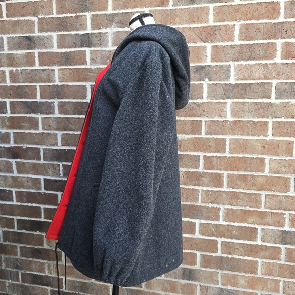 Vintage Gray Hooded Wool Coat with Red Interior Trim - Picture 8 of 16